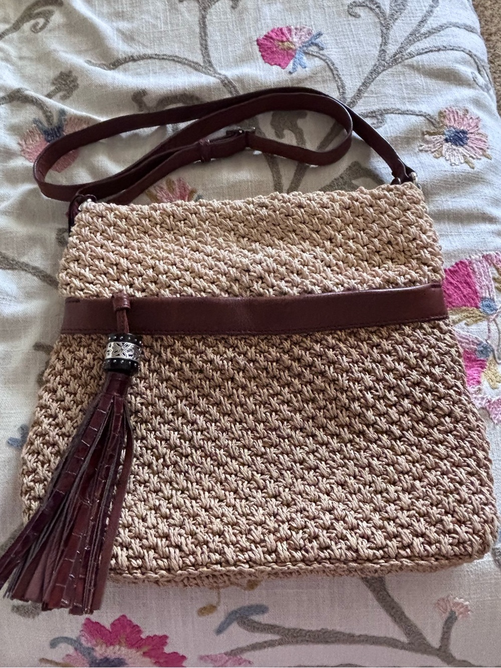 Brighton Straw Crossbody Bag with Brown Leather Trim